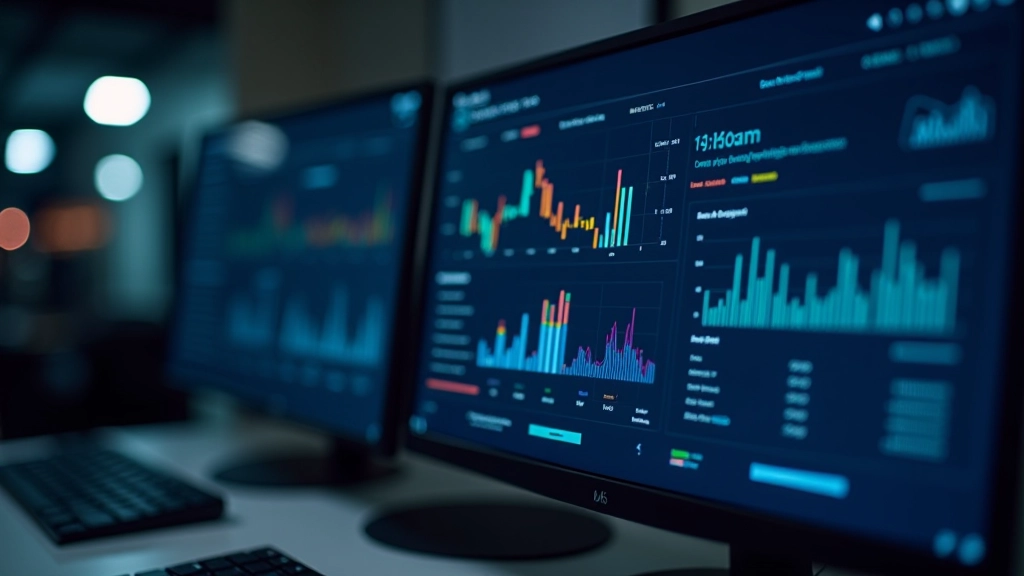 Grafiki un datu diagrammas uz monitora, ar krāsainiem skaitļiem un līnijām, datora laboratorija